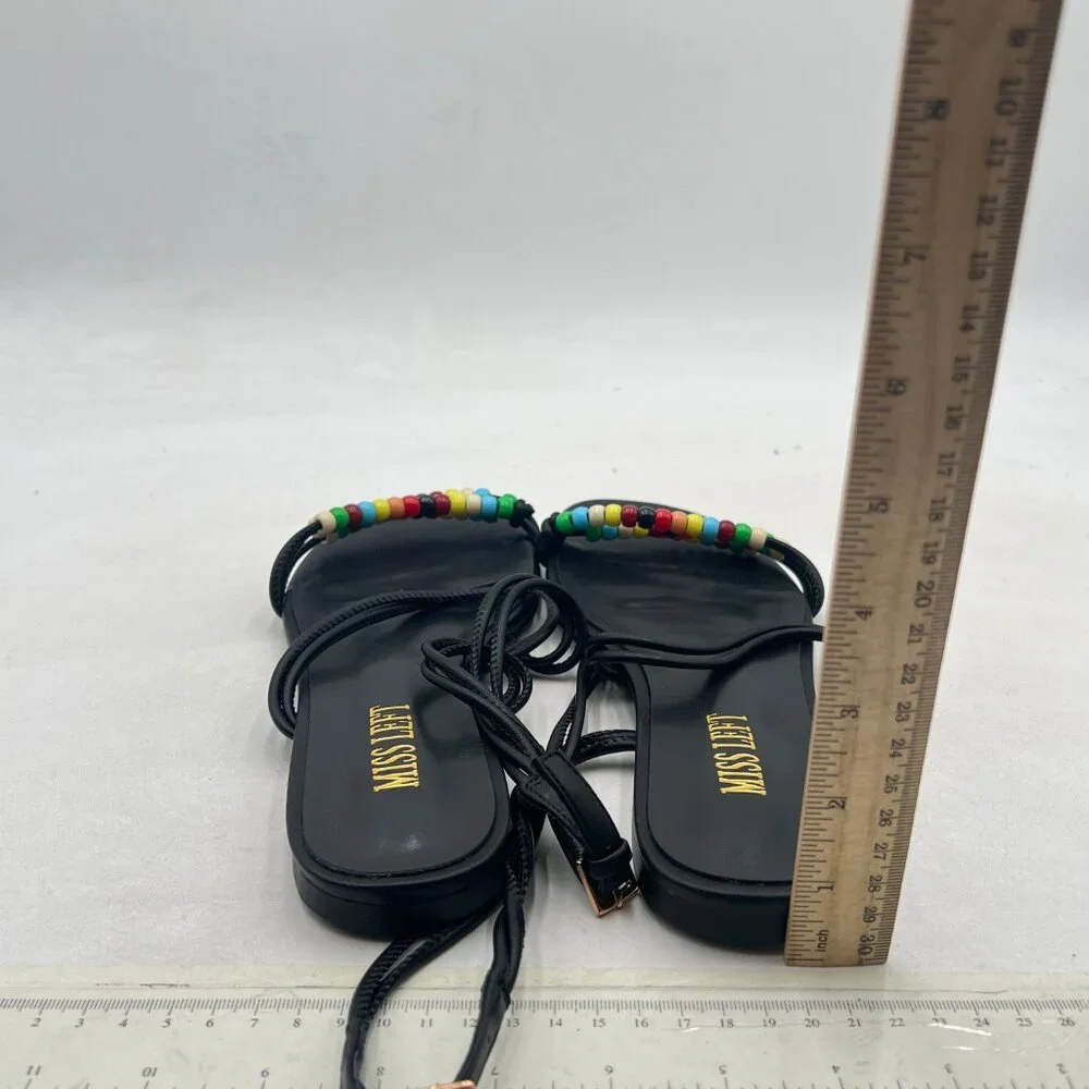 miss left Black Beaded Flat Sandals for Women Ankle Strap Open Toe Slide Sandals